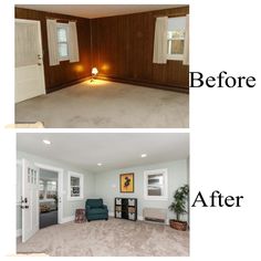 before and after photos of a living room with carpeted flooring, walls painted white