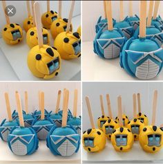 four pictures of cake pops decorated like pokemon golems with sticks sticking out of them