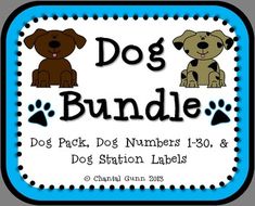 a blue and white sign with dogs on it that says dog bundle dot pack, dog numbers 1 - 30 & dog station labels