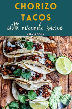 chorizo tacos with avocado sauce and cilantro on the side