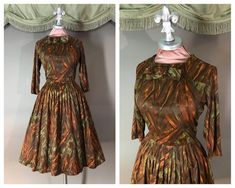 Rayon Wrap Dress, 1950s Dresses Vintage, Dresses 40s, Vintage Dresses 1960s, 1970s Dresses, Full Skirt Dress, Brown Fall, 1960's Dress