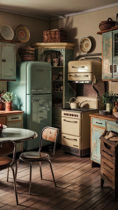 an old fashioned kitchen with antique appliances and wood floors