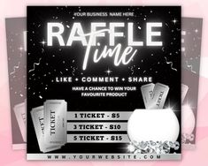 the raffle time flyer is displayed on a pink and black background with silver confetti