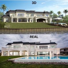 before and after photos of a large house with swimming pool in the foreground, then on the right