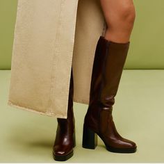 Aldo Dark Brown Knee High Leather Boot Heel Height: 3.75'' Platform Height: 0.75'' Shaft Height: 15.25'' Circumference: 14.25'' Long Brown Boots, Womens Tall Boots, All Weather Boots, Burgundy Heels, Brown Knee High Boots, Tall Brown Boots, Leather Boots Heels, Tall Leather Boots, Knee High Leather Boots