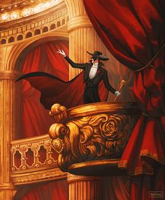 a painting of a man in a black suit and top hat standing on a balcony