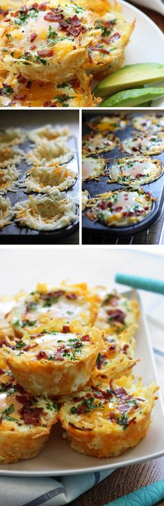 three pictures show different types of food on a plate, including quiches and asparagus