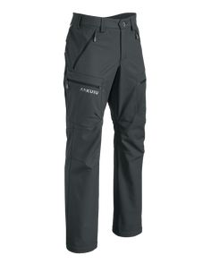 the back view of an outdoor pants with pockets and zippers on the side, in grey