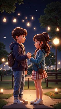 a boy and girl standing next to each other on a sidewalk at night with lights in the background