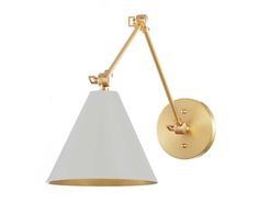 a wall light with a white shade on the side and a gold metal pole attached to it