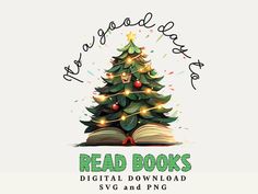 a christmas tree with lights on it and the words read books digital printable svg and png