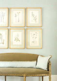 a living room filled with furniture and framed pictures on the wall above it's headboard