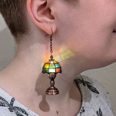 Functional Light Up Mini Tiffany Lamp Earrings – Five Volt Logic Small Tiffany Lamp, Functional Earrings, Lamp Earrings, Cloth Earrings, Functional Jewelry, Cool Earrings, Antique Gifts, Tiffany Lamp