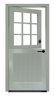 a white door with an open window on the side and bottom panel, in front of a