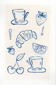 an ink drawing of fruit and drinks on paper