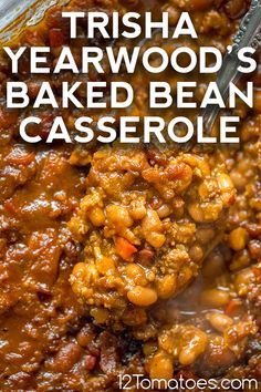 a spoon full of baked bean casserole with text overlay