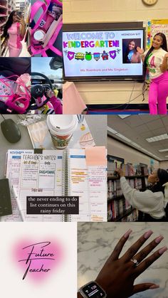 a collage of photos with pink and white items on them, including a woman's hand holding a cell phone