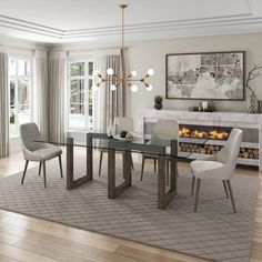 a dining room table with chairs and a fireplace