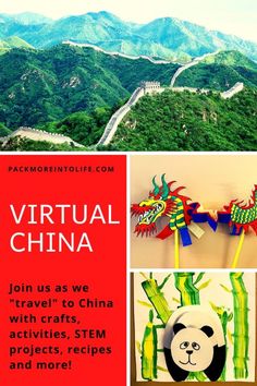 an advertisement for virtual china with pictures of pandas and mountains in the background, and text that reads virtual china join us as we travel to china with crafts