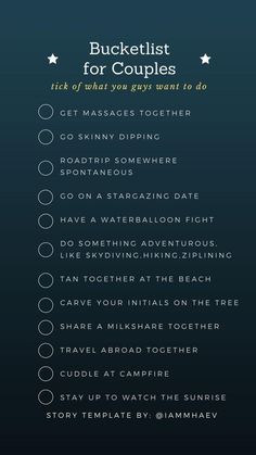 Places To Go With Boyfriend, Couple Checklist, Relationship Checklist, Relationship Bucket List, Relationship Journal, Creative Date Night Ideas, Romantic Date Night Ideas, Creative Dates, Couple Activities