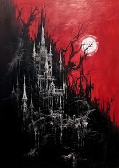 a painting with black and red paint on it that looks like a castle in the sky