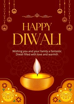 happy diwali greeting card with golden candle and ornamental ornaments on red background for diwali