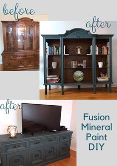 before and after photos of an old entertainment center makeover, including the paint job