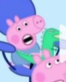 peppa pig and his friends are riding on the back of a dinosaur in an animated scene