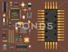 electronic components arranged in flat style on brown background with clippings and text stock illustration