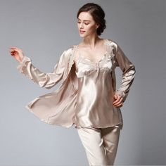 The Satin 3 Piece Satin Breathable Pajama Sets — Original Pajamas Spring Sleepwear, Elegant Loungewear, Lounging Outfit, Silky Robe, Satin Sleepwear, Pyjama Sets, Satin Pajamas, Silk Pajamas, Pajama Set Women