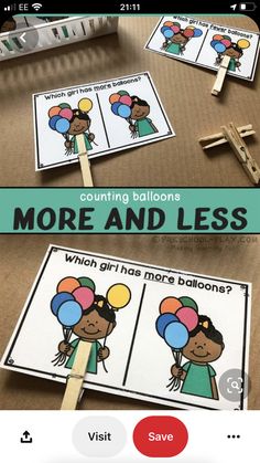 two pictures with balloons on them and the words more and less in front of them