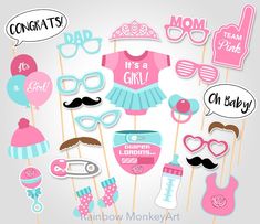 "Printable Pink Baby Shower Photo Booth Party Props - Set of 25 props ★ This listing is for a DIGITAL INSTANT DOWNLOAD FILE only. No physical items will be shipped ★ Funny and colorful unique props for your Baby Shower party! This listing is for a printable photo prop set, a great option for the DIY'ers and last-minute party planners! Prints perfectly onto any A4 (8.2\" x 11.6\") or 8.5\" x 11\" Heavy Weight Paper Card Stock ◄ INCLUDES ► 11-page PDF file that contain 25 props! * (1) It's a girl tutu | 6.5\" * (1) Baby bib | 7\" * (2) Baby socks | 4.5\" * (1) Baby hat | 5.6\" * (1) Pacifier | 4\" * (1) Pin | 6.5\" * (1) Baby toy | 7\" * (1) Crown | 7\" * (1) Diaper loading | 7\" * (1) 'Team Pink' Foam Finger Sign | 9.6\" * (1) It's a girl balloon | 8.6\" * (4) Moustache | 4\" * (1) 'Congrat Baby Shower Photo Booth Props, Boy Baby Shower Ideas, Baby Shower Photo Booth, Creative Baby Shower, Gender Reveal Balloons, Baby Balloon, Photos Booth, Gender Reveal Decorations, Baby Shower Photos