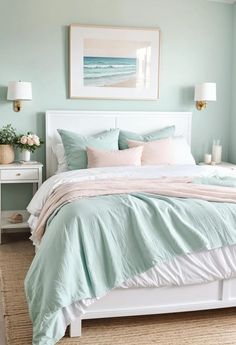 a bedroom with mint green walls and white bedding