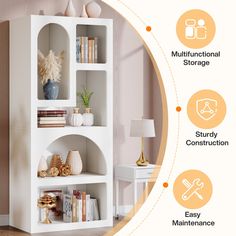 a white shelf with books and vases on it in the middle of a room