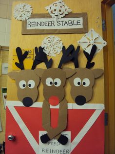 a bulletin board with reindeers on it and the words reindeer stable written in white