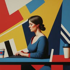 a woman sitting at a table with a laptop in front of her and coffee cups on the side