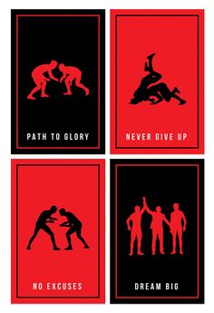 four red and black posters with the words, path to glory never give up