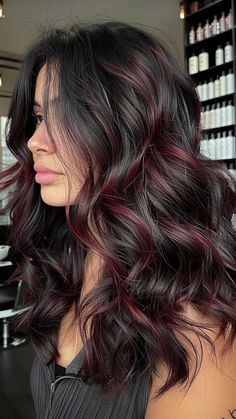 Black And Burgundy Highlights, What Color Highlights For Black Hair, Black Hair With Subtle Red Highlights, Burgundy Streaks In Brown Hair, Black With Red Highlights Hair, Black With Dark Red Highlights, Dark Hair Burgundy Highlights, Dark Brown Hair With Colorful Highlights, Hair Colour Inspo For Black Hair