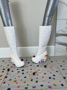 These one of a kind cake wedge heels will make you feel like you are in Candyfornia! These shoes are very special because they are actually my first design, just not my first executed design! The shoes themselves are knee high boots that are a size US 7.5 and have about a four inch wedge (they are from another Etsy shop that has since stopped selling). The cake portion of the shoe was made out of fake frosting provided by the Etsy shop "Creamyard" and the sprinkles and cherries were provided by "SBN Craft Supplies" I would highly recommend checking them out for crafting and fake bake supplies! I hand piped each layer of cake and hand placed each individual sprinkle with care (however they may fall off so be careful). These are truly unique and definitely a show stopper design. P.S. do not Heels Cake, Fake Frosting, Cake Shoes, Cake Portions, Heels Wedge, Fake Bake, Shoes Heels Wedges, Cake Cake, Heels & Wedges