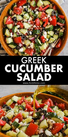 greek cucumber salad with olives, tomatoes and feta cheese in a bowl