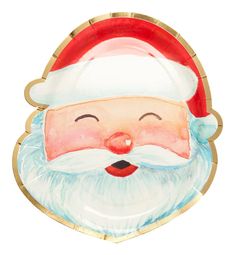 a paper plate with a santa claus face on it's side and gold trim