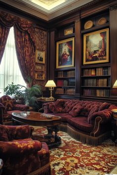 a living room filled with lots of furniture and bookshelves covered in paintings on the walls