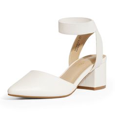 a white high heeled shoe with straps