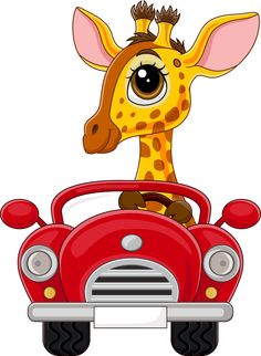 a giraffe sitting on top of a red car with its head sticking out