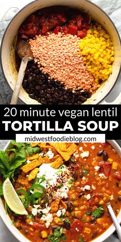 a bowl filled with tortilla soup and topped with sour cream, corn, black beans