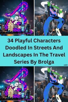 three different images with the words, 3 playful characters doodled in streets and landscapes in the travel series by brologa