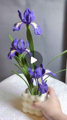 a hand holding a vase with purple flowers in it