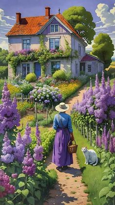 a painting of a woman walking down a path in front of a house with purple flowers