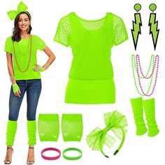 a woman wearing neon green clothing and accessories