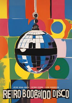 a poster with an image of a disco ball hanging from it's center pole